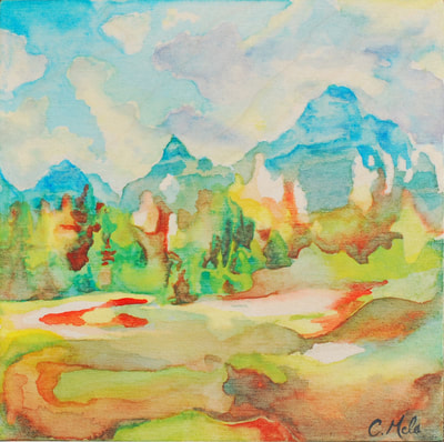 Celina Melo Commissioned artwork, Mountains over Moraine, watercolour on birch wood panel